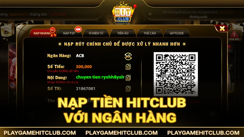 Hướng dẫn nạp tiền HitClub với ngân hàng